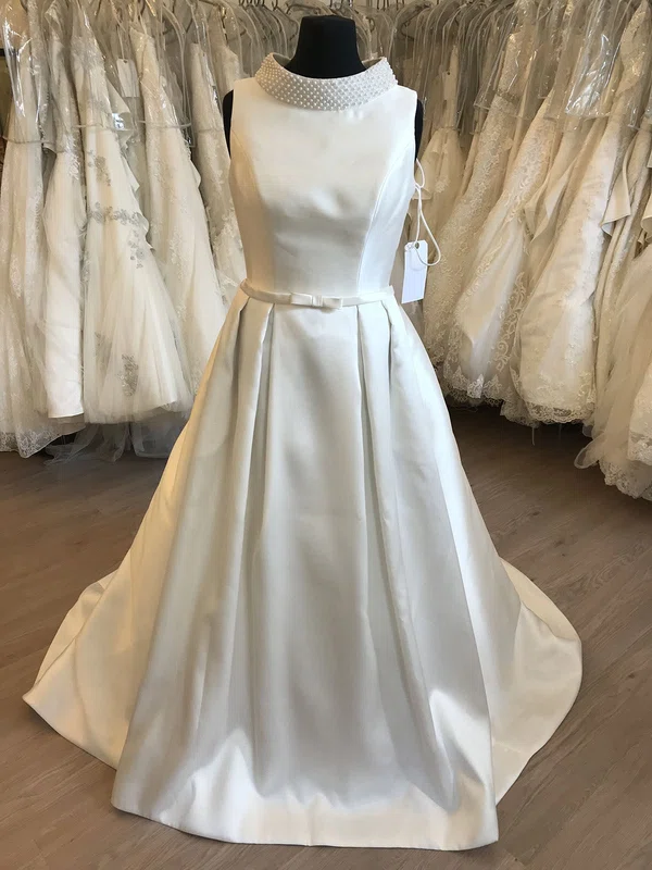 Ball Gown/Princess High Neck Satin Sweep Train Wedding Dress With Bow #UKM00028670