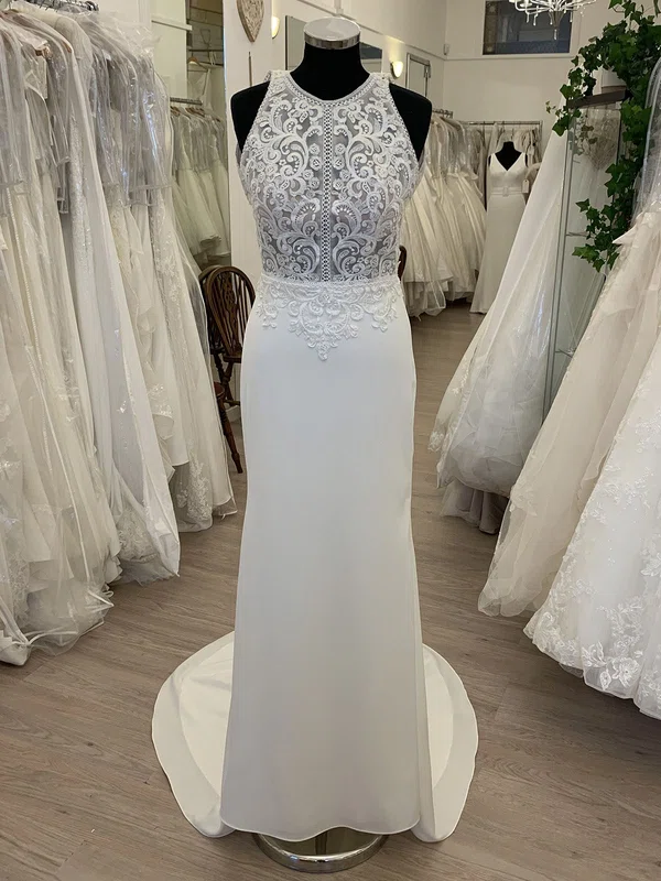 Sheath/Column Scoop Neck Chiffon Sweep Train Wedding Dress With Ruched #UKM00028677