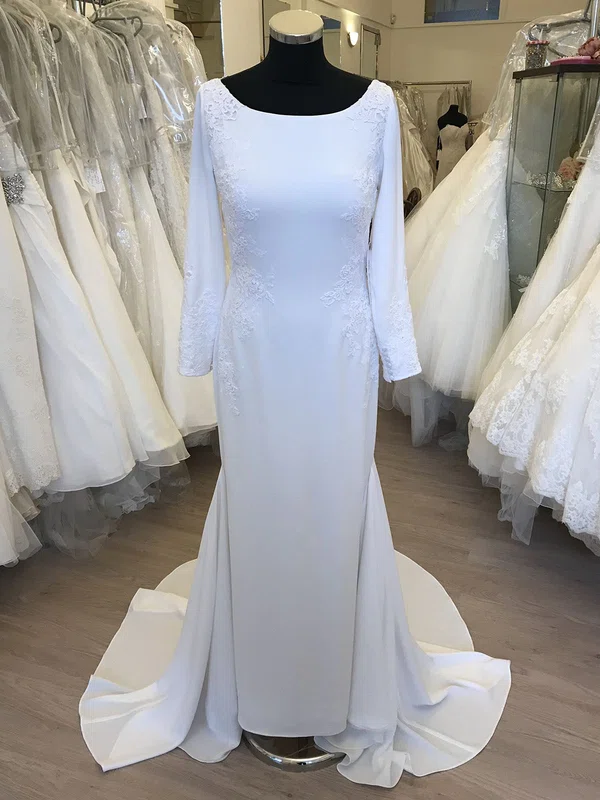 Sheath/Column Scoop Neck Satin Chiffon Sweep Train Wedding Dress With Appliques Lace #UKM00028680