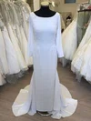 Sheath/Column Scoop Neck Satin Chiffon Sweep Train Wedding Dress With Appliques Lace #UKM00028680