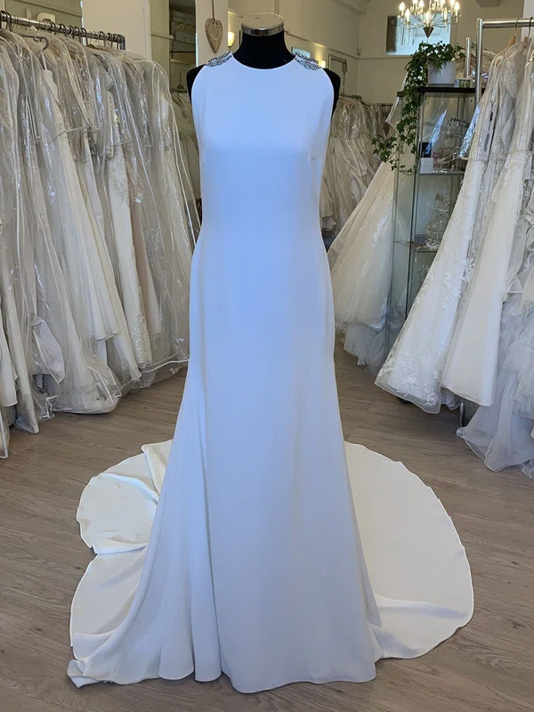 Sheath/Column Scoop Neck Stretch Crepe Court Train Wedding Dress With Beading #UKM00028681