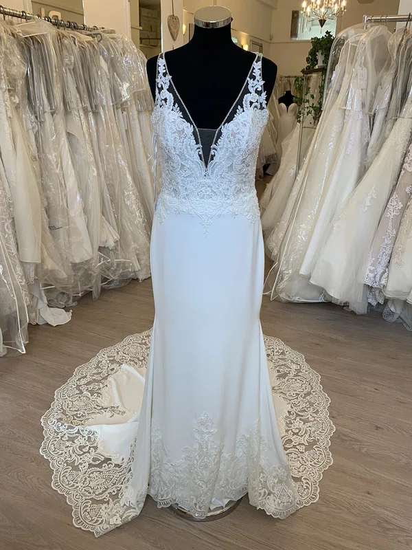 Sheath/Column V-neck Stretch Crepe Court Train Wedding Dress With Appliques Lace #UKM00028683