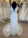 Sheath/Column V-neck Stretch Crepe Court Train Wedding Dress With Appliques Lace #UKM00028683