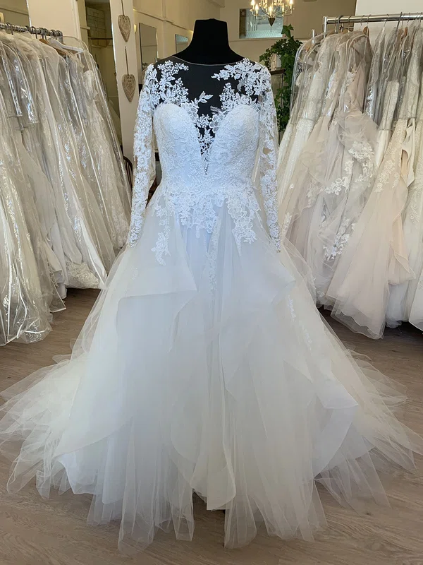 Ball Gown/Princess Illusion Tulle Sweep Train Wedding Dress With Cascading Ruffles #UKM00028684