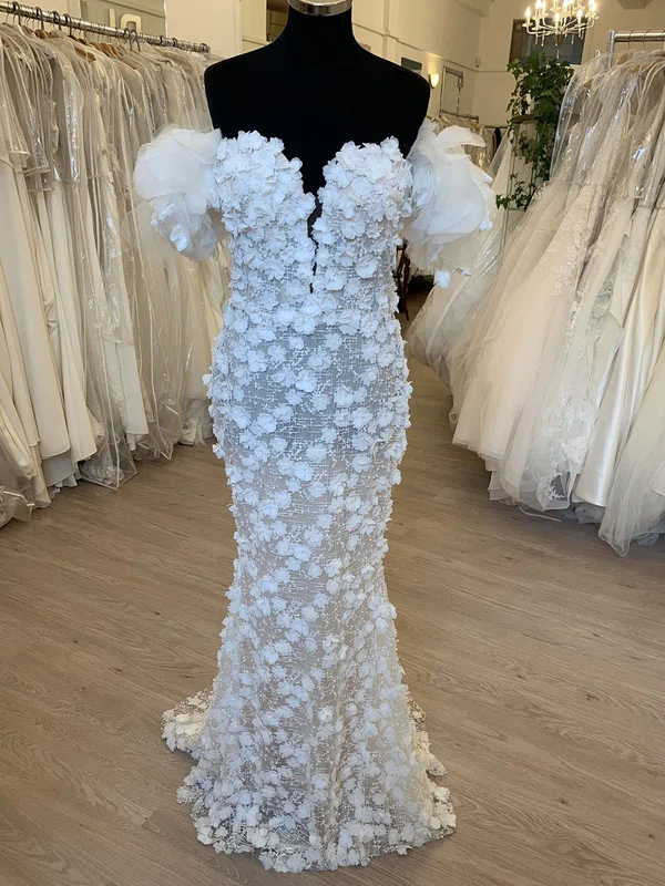 Sheath/Column Off-the-shoulder Tulle Sweep Train Wedding Dress With Flower(s) #UKM00028686