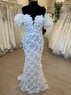 Sheath/Column Off-the-shoulder Tulle Sweep Train Wedding Dress With Flower(s) #UKM00028686