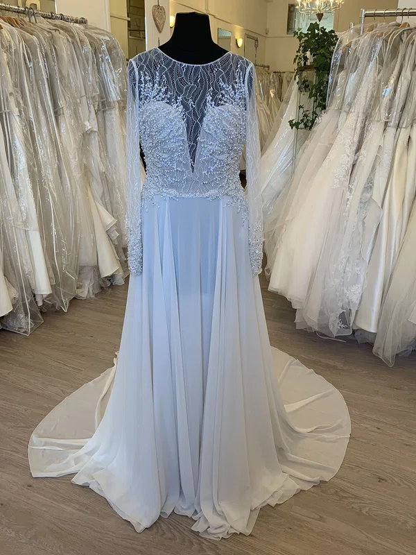 A-line Illusion Chiffon Sweep Train Wedding Dress With Sequins #UKM00028687