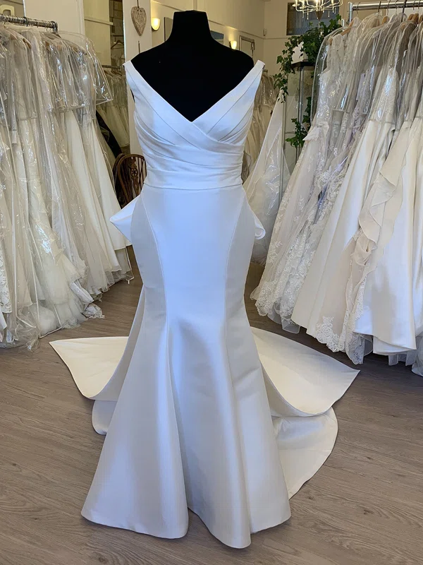 Trumpet/Mermaid V-neck Satin Sweep Train Wedding Dress With Bow #UKM00028688
