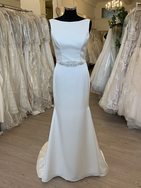 Trumpet/Mermaid Scoop Neck Satin Sweep Train Wedding Dress With Beading #UKM00028689