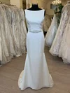 Trumpet/Mermaid Scoop Neck Satin Sweep Train Wedding Dress With Beading #UKM00028689