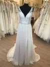 A-line V-neck Chiffon Sweep Train Wedding Dress With Beading #UKM00028693