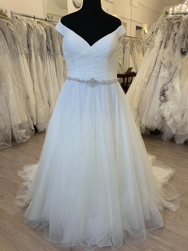 Ball Gown/Princess Off-the-shoulder Tulle Sweep Train Wedding Dress With Ruched #UKM00028694