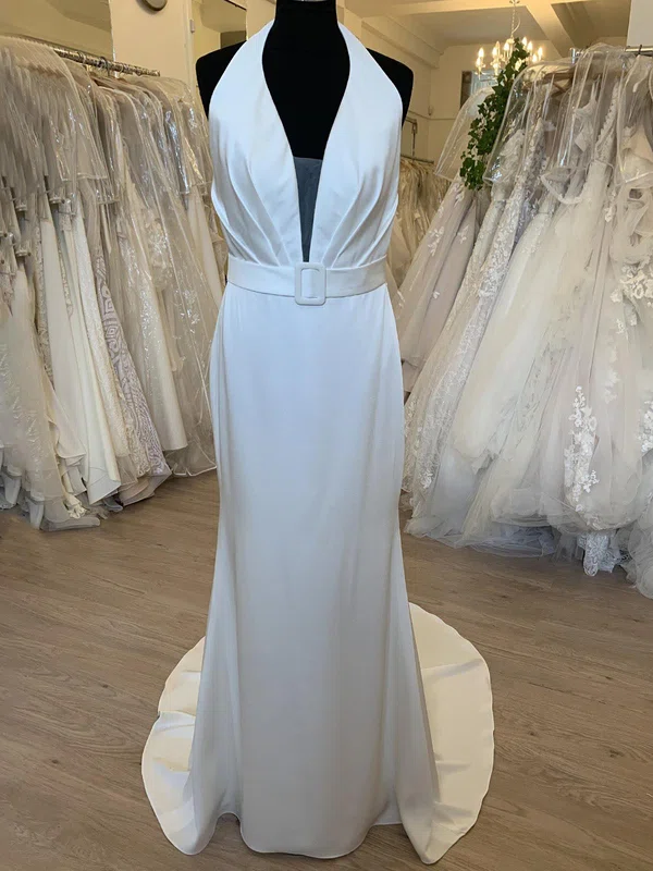 A-line Halter Satin Court Train Wedding Dress #UKM00028695