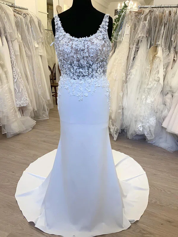 Sheath/Column Scoop Neck Stretch Crepe Sweep Train Wedding Dress With Appliques Lace #UKM00028696