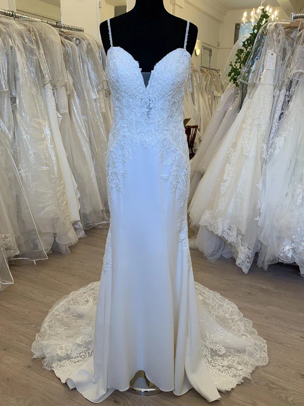 Sheath/Column Sweetheart Lace Stretch Crepe Sweep Train Wedding Dress With Appliques Lace #UKM00028697