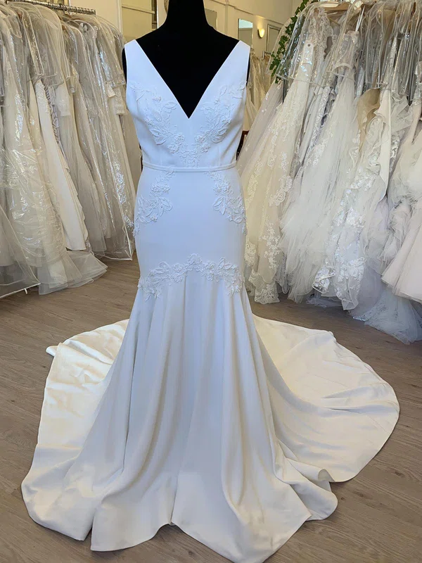 Trumpet/Mermaid V-neck Stretch Crepe Sweep Train Wedding Dress With Appliques Lace #UKM00028698