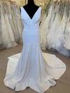 Trumpet/Mermaid V-neck Stretch Crepe Sweep Train Wedding Dress With Appliques Lace #UKM00028698