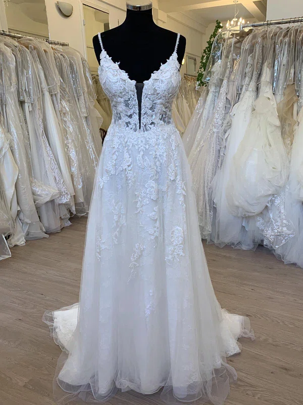 A-line V-neck Lace Tulle Sweep Train Wedding Dress With Appliques Lace #UKM00028699