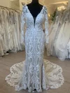 Trumpet/Mermaid V-neck Tulle Court Train Wedding Dress With Appliques Lace #UKM00028700
