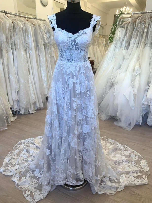 A-line Sweetheart Tulle Sweep Train Wedding Dress With Appliques Lace #UKM00028701