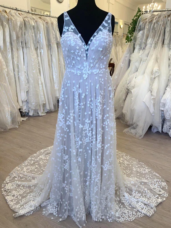 A-line V-neck Tulle Sweep Train Wedding Dress With Flower(s) #UKM00028702