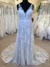 A-line V-neck Tulle Sweep Train Wedding Dress With Flower(s) #UKM00028702