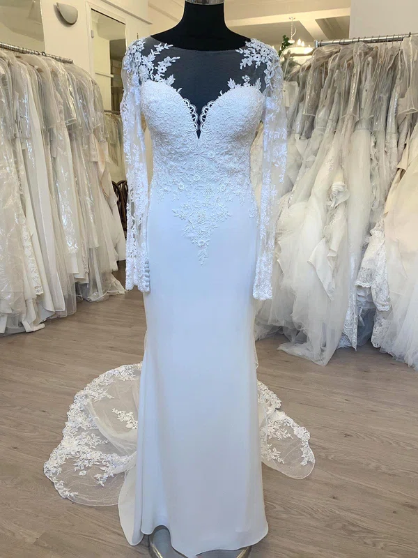 Sheath/Column Illusion Tulle Stretch Crepe Sweep Train Wedding Dress With Appliques Lace #UKM00028703