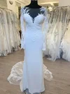 Sheath/Column Illusion Tulle Stretch Crepe Sweep Train Wedding Dress With Appliques Lace #UKM00028703