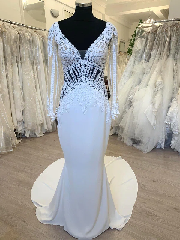 Trumpet/Mermaid V-neck Stretch Crepe Sweep Train Wedding Dress With Appliques Lace #UKM00028704