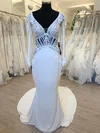 Trumpet/Mermaid V-neck Stretch Crepe Sweep Train Wedding Dress With Appliques Lace #UKM00028704