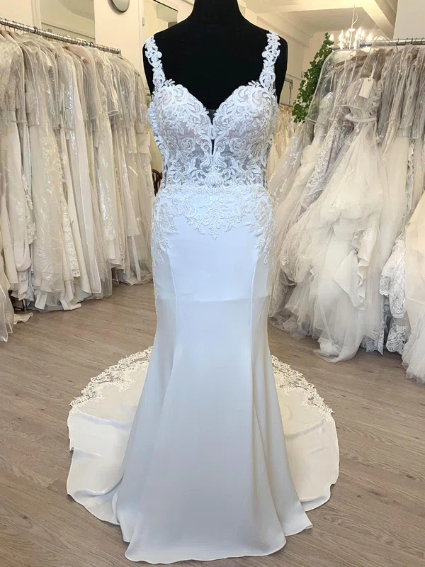 Trumpet/Mermaid Sweetheart Stretch Crepe Sweep Train Wedding Dress With Appliques Lace #UKM00028706