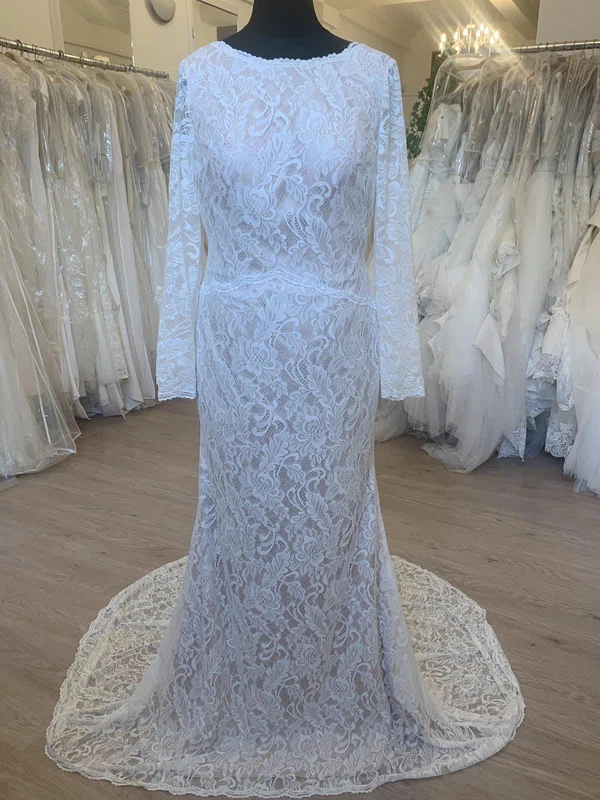 Sheath/Column Scoop Neck Lace Sweep Train Wedding Dress #UKM00028707