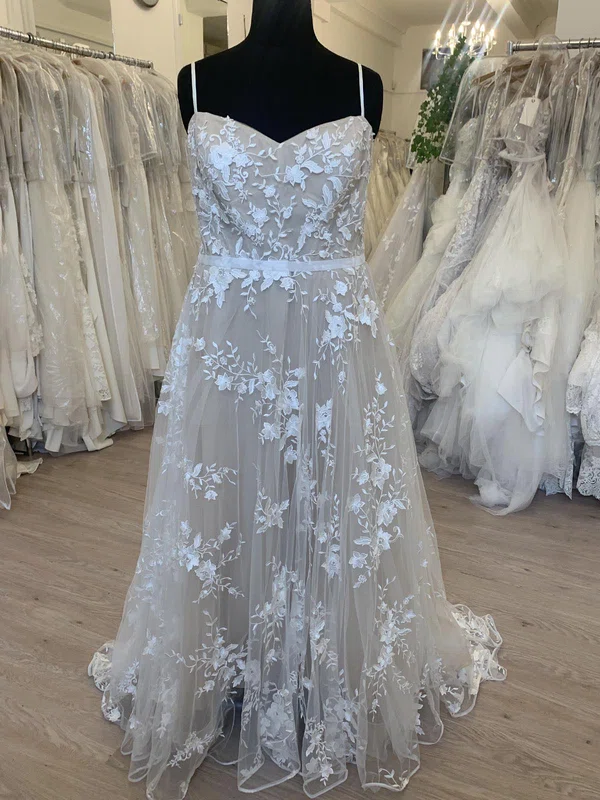 A-line V-neck Tulle Sweep Train Wedding Dress With Appliques Lace #UKM00028708