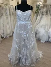 A-line V-neck Tulle Sweep Train Wedding Dress With Appliques Lace #UKM00028708