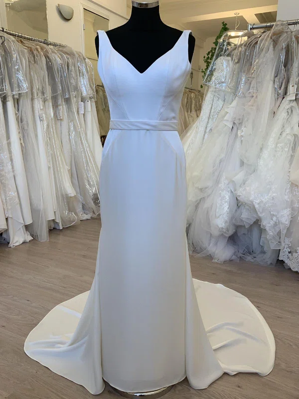 Sheath/Column V-neck Stretch Crepe Sweep Train Wedding Dress #UKM00028711