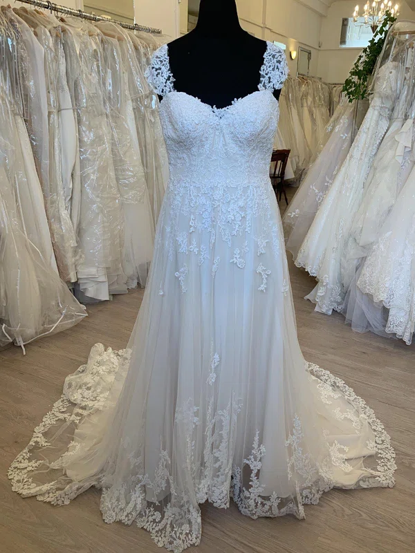 A-line Sweetheart Tulle Sweep Train Wedding Dress With Appliques Lace #UKM00028712