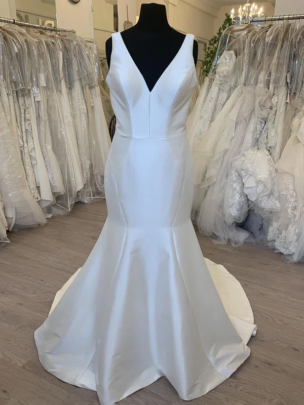 Trumpet/Mermaid V-neck Satin Sweep Train Wedding Dress #UKM00028713