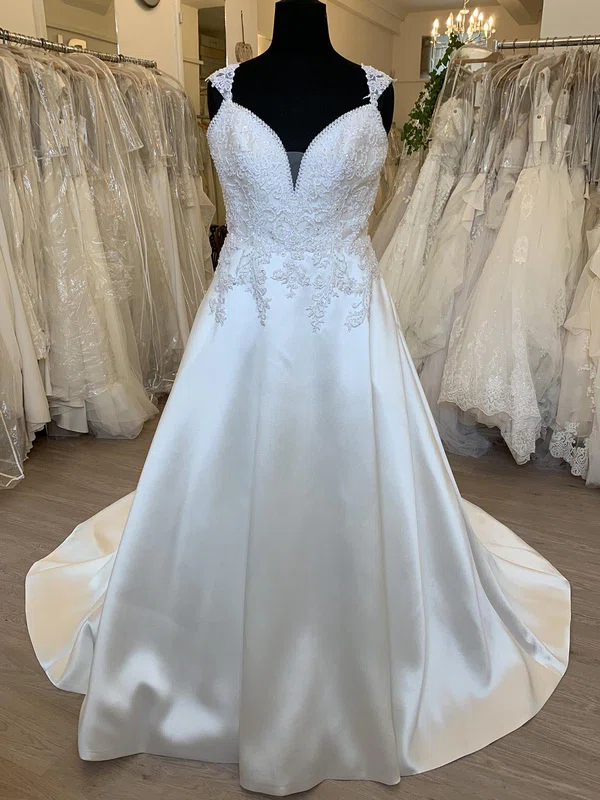 Ball Gown/Princess V-neck Satin Sweep Train Wedding Dress With Pearl Detailing #UKM00028717