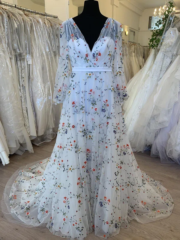A-line V-neck Tulle Sweep Train Wedding Dress With Flower(s) #UKM00028718
