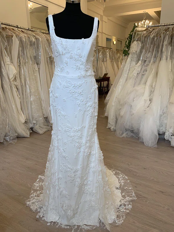 Sheath/Column Square Neckline Stretch Crepe Sweep Train Wedding Dress With Appliques Lace #UKM00028721