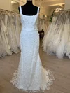 Sheath/Column Square Neckline Stretch Crepe Sweep Train Wedding Dress With Appliques Lace #UKM00028721