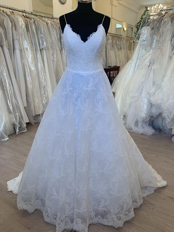 Ball Gown/Princess V-neck Lace Sweep Train Wedding Dress #UKM00028722