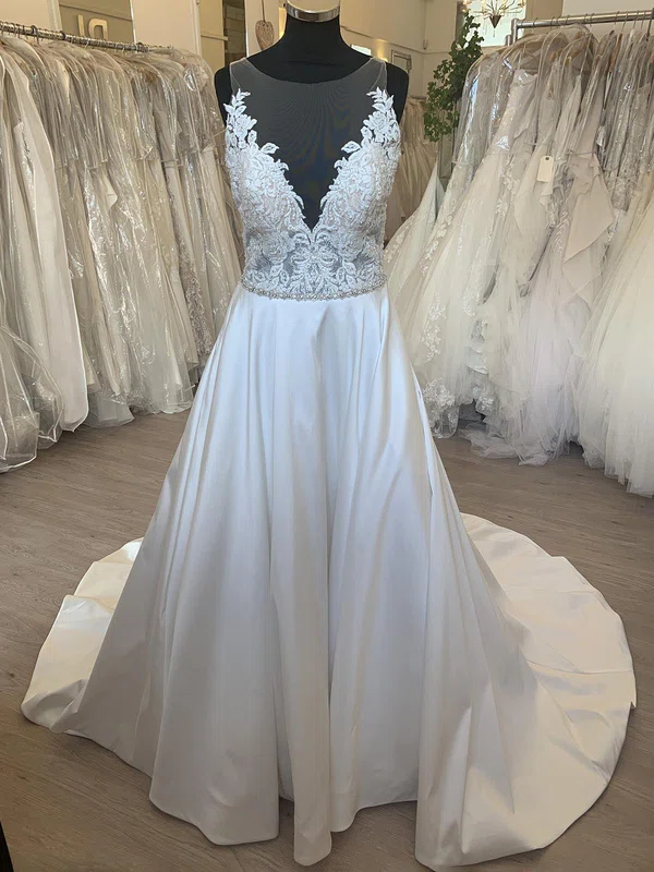 Ball Gown/Princess Illusion Satin Sweep Train Wedding Dress With Appliques Lace #UKM00028723