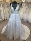 Ball Gown/Princess Illusion Satin Sweep Train Wedding Dress With Appliques Lace #UKM00028723