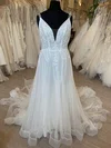 A-line V-neck Glitter Tulle Court Train Wedding Dress With Ruched #UKM00028725