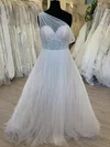 Ball Gown/Princess Asymmetrical Neck Glitter Tulle Sweep Train Wedding Dress With Beading #UKM00028730