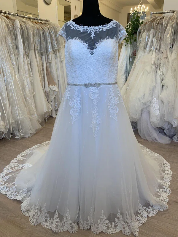 Ball Gown/Princess Illusion Glitter Tulle Sweep Train Wedding Dress With Beading #UKM00028731