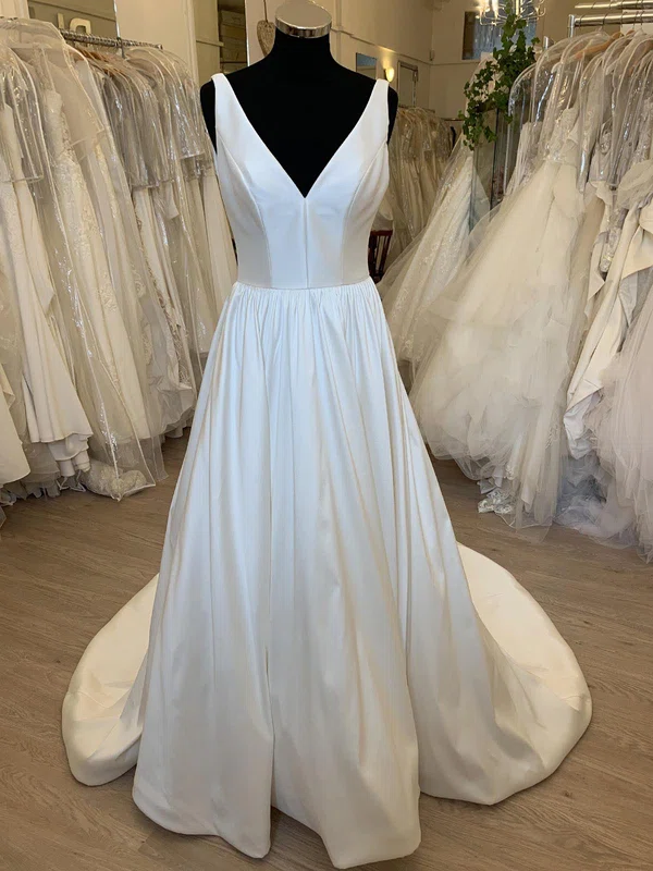 Ball Gown/Princess V-neck Satin Sweep Train Wedding Dress With Ruched #UKM00028732