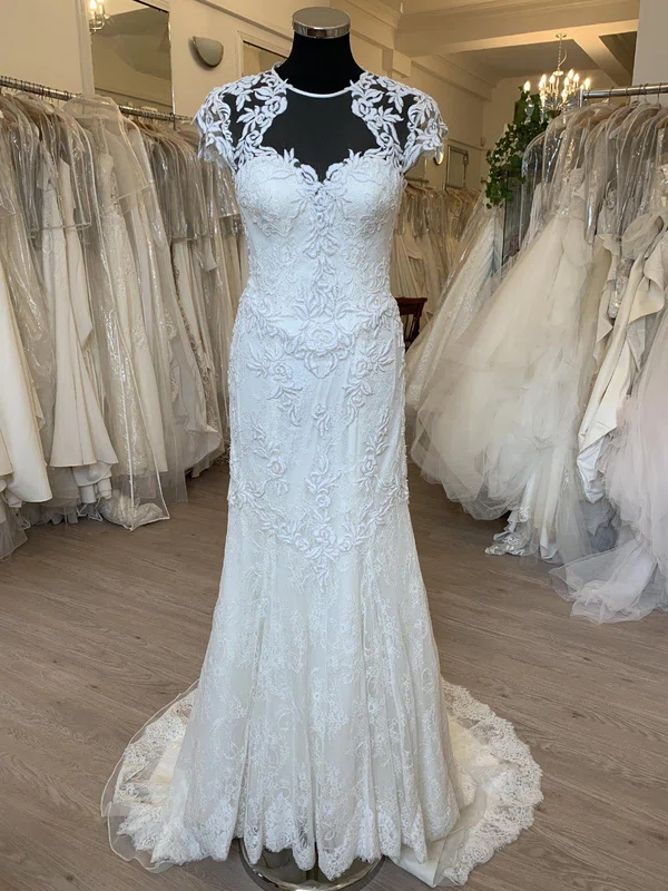 Sheath/Column Illusion Lace Sweep Train Wedding Dress With Appliques Lace #UKM00028733