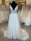 Sheath/Column V-neck Chiffon Tulle Sweep Train Wedding Dress With Beading #UKM00028734